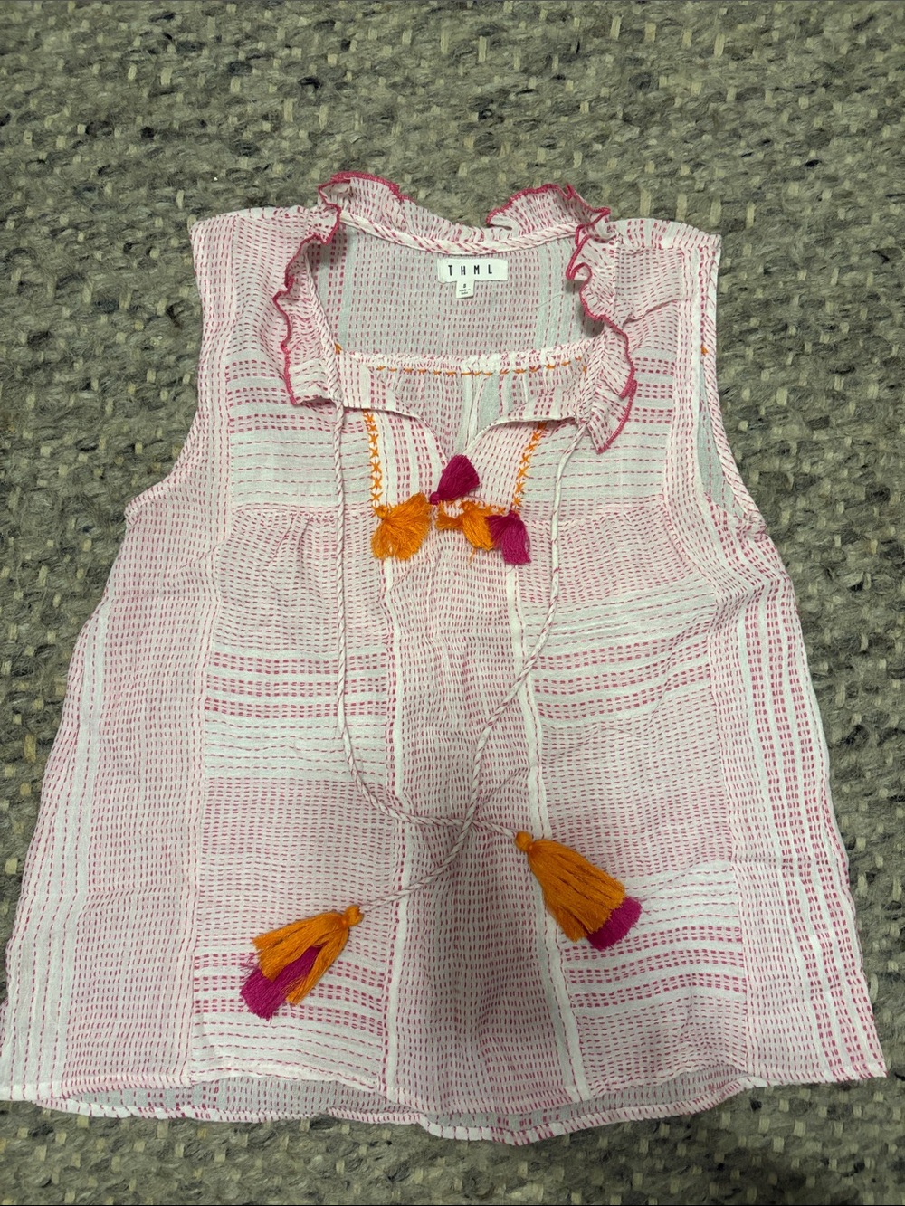 THML Pink & Orange Tassel Cotton Peasant Top